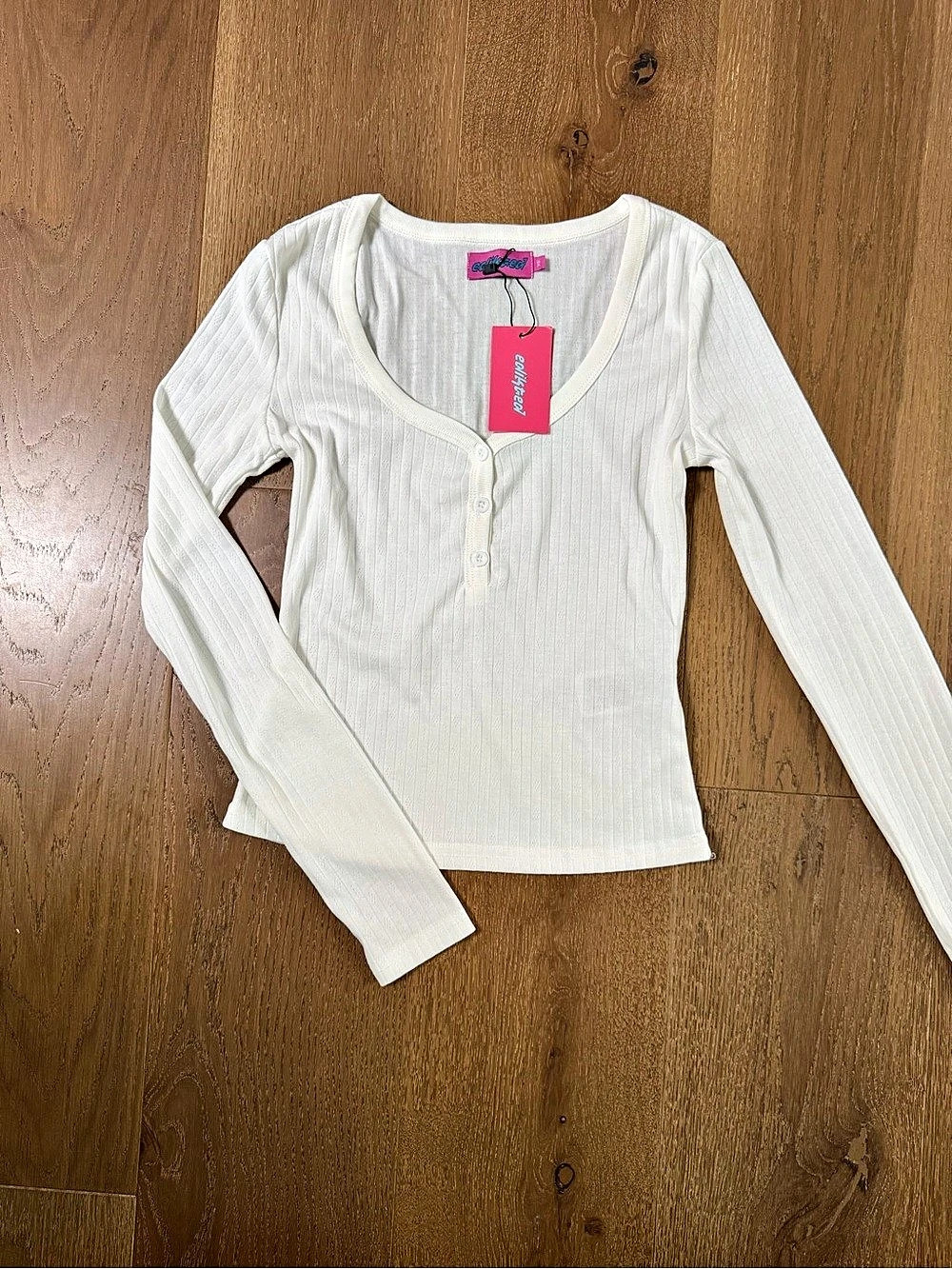edikted Leely Long Sleeve Button Up Ribbed Top White XS